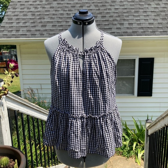 LOFT Women’s Large Checkered Tank Top with Ruffled Hem - Picture 1 of 6
